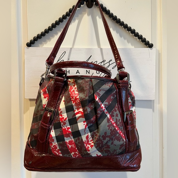 BURBERRY Burgundy Patent Beat Nova Check Floral Satchel Bag Purse HOST PICK - Picture 4 of 15